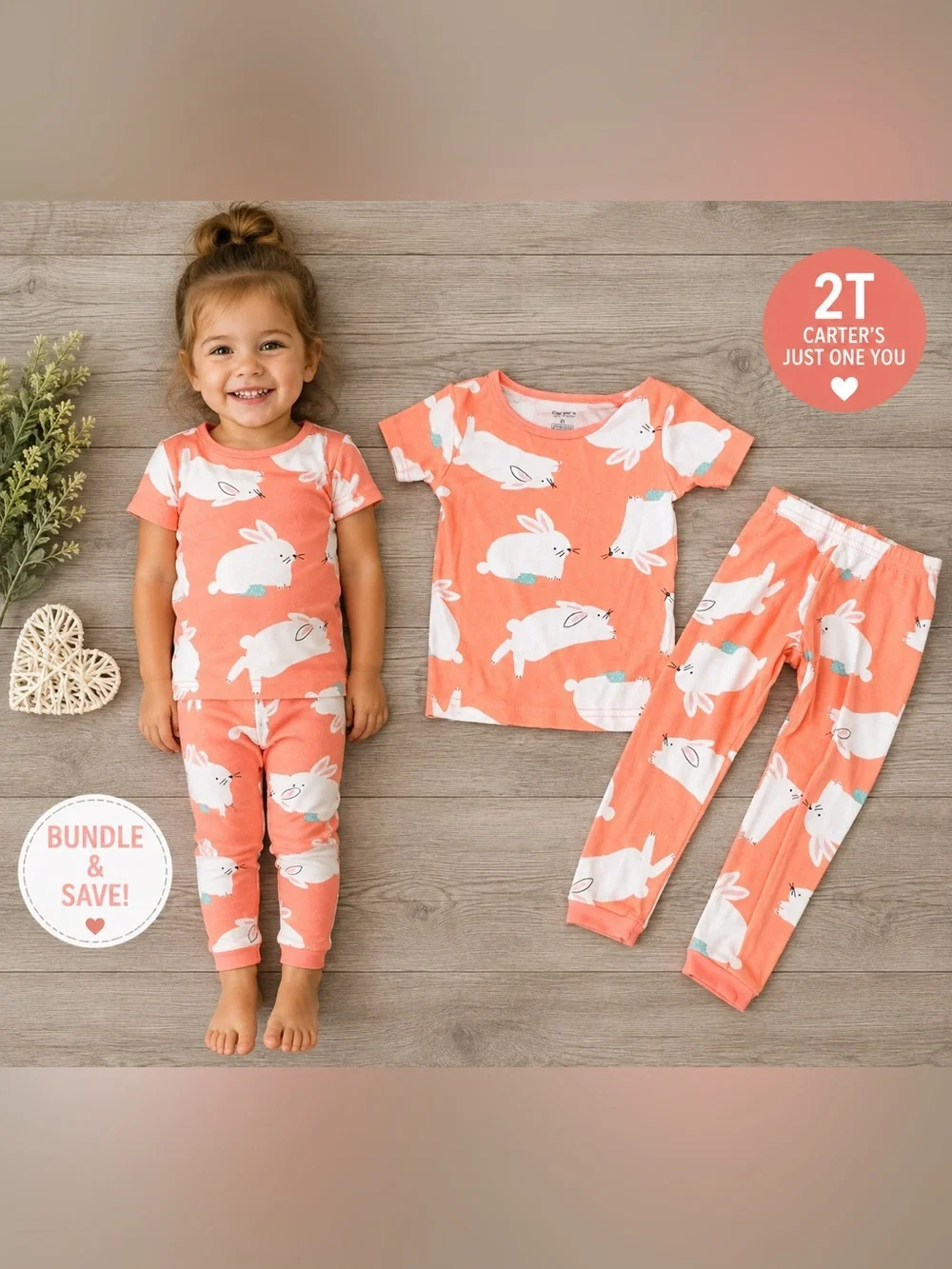 Carter’s Just One You 2T Bunny Rabbit Pajama Set Coral 2 Pc Cotton